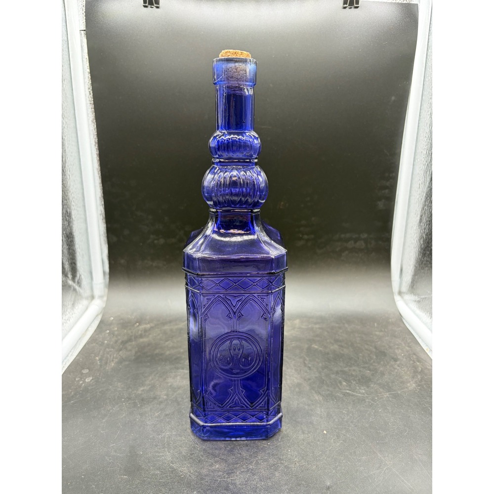 Cobalt Blue Glass Decanter Bottle Embossed Gothic Arch Square Base with Cork